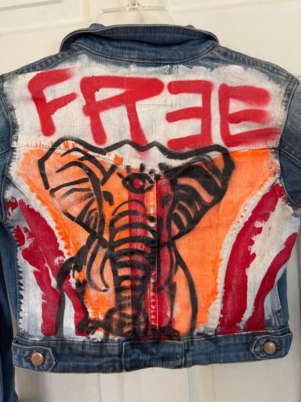 Hand-Painted Jean Jacket Elephant Evil Eye Threads X Custom Art Airbrush XS/S